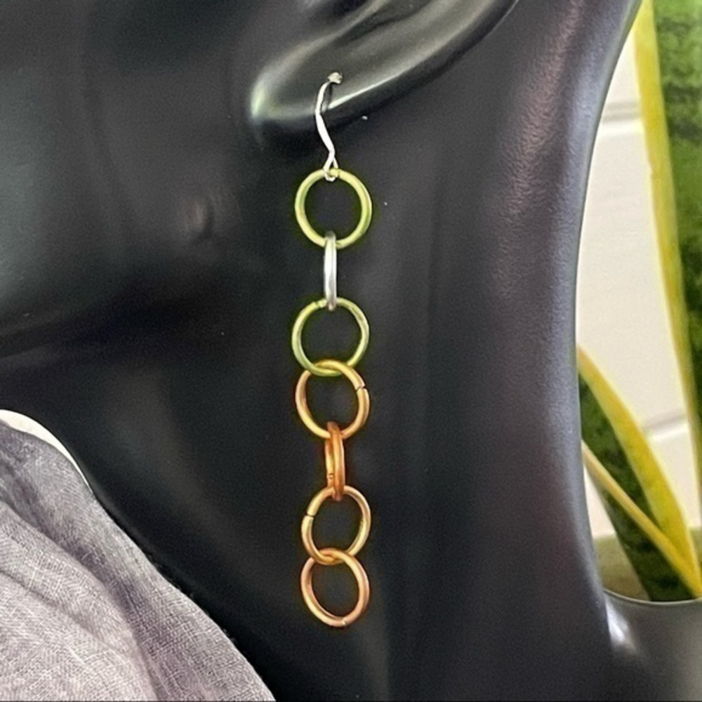 2/$29 Handmade Link Earrings 3.12” Lightweight Metal Green Orange Ombre